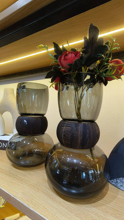 Nordic Modern creative dark  glass vase With a Wooden Ring