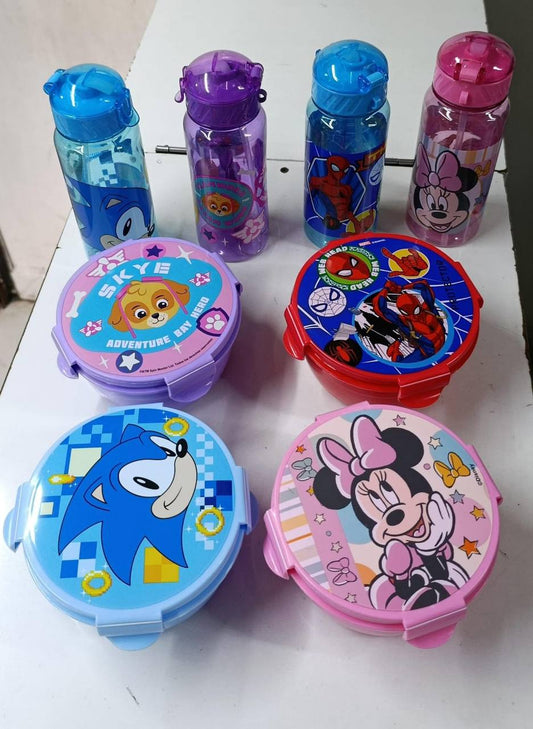 Combo Disney cartoon themed, Sonic, paw patrol, Spiderman, Mickey mouse 2-in-1 Lunch Box with bottle Set with straw