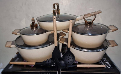 shining golden caps Uoiiy 14pc granite cookware set