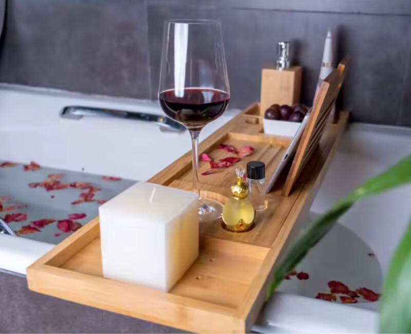 Expandable Bamboo Bathtub Caddy Tray / Breakfast Bed Table with Stand