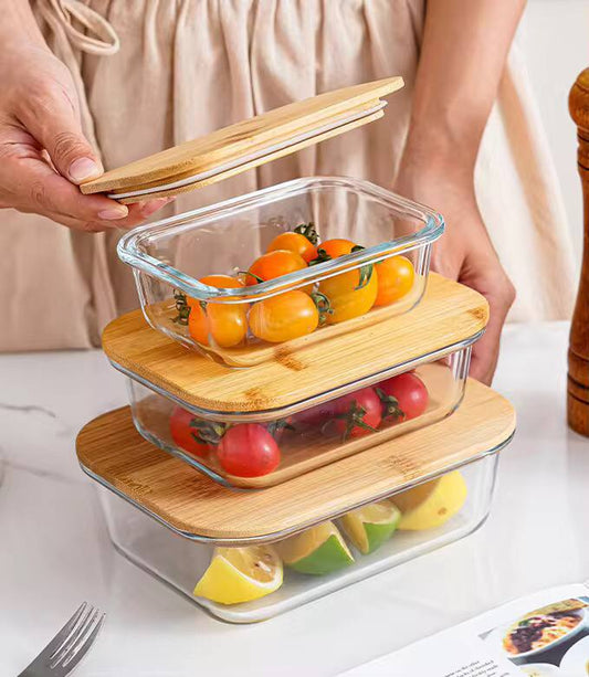 3pcs glass bowl storage containers with bamboo lid