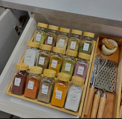 Spice Containers with Bamboo Stand..(Comes with Stickers and Silicon Funnel as well)
