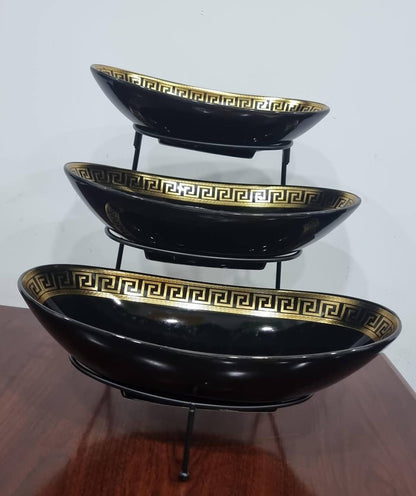 JD8302-Y482 set of 3 ceramic fruit plates on black metal rack