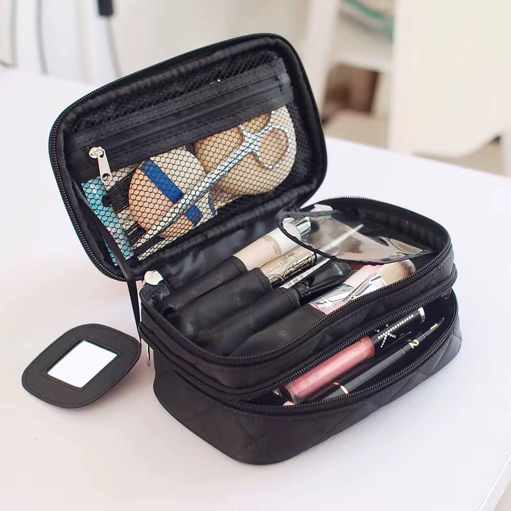 WATERPROOF DOUBLE LAYER COSMETIC STORAGE BAG/ MAKEUP BAG WITH MIRROR