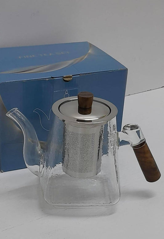 Classy frosted glass tea /beverage pot with bamboo handle