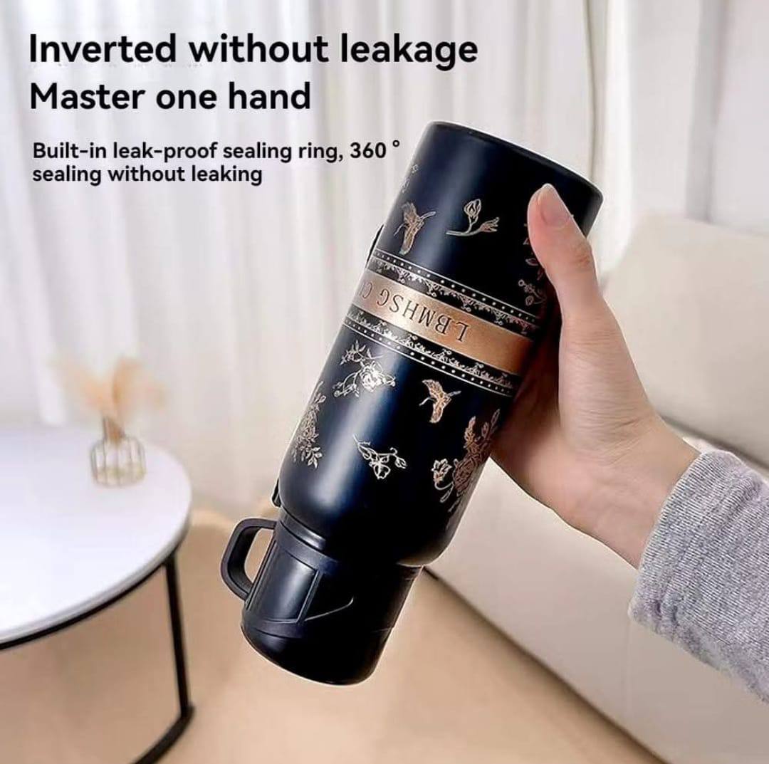600ml Capacity black flower cup Vacuum flask