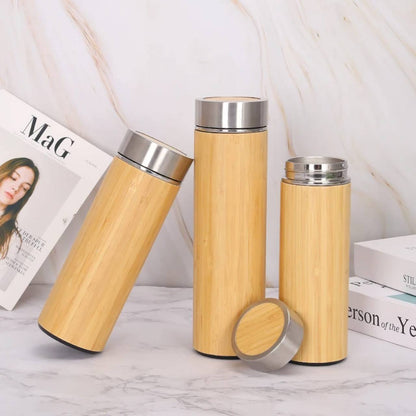 Double wall stainless steel bamboo vacuum flask