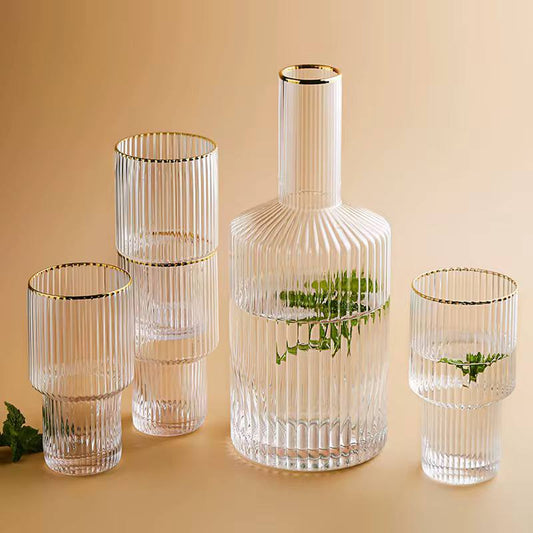 Custom Vertical Decanter with Bamboo lid & 6pcs Highball Glassware with Gold Rim.
