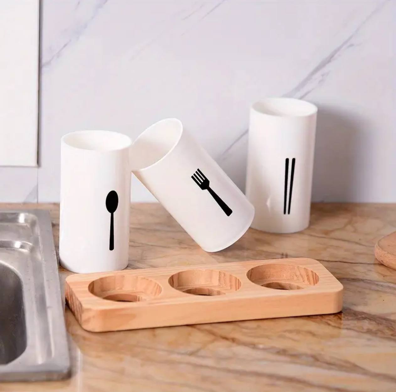 3pc cutlery organizer with oak base