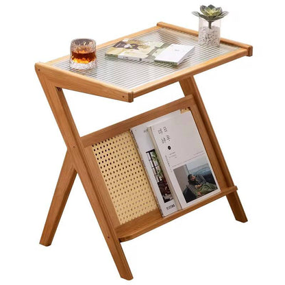 Modern Boho/Japanese pure solid bamboo side table with Glass top.