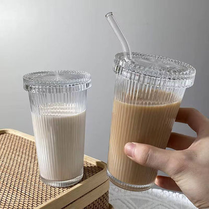 375Ml Simple Stripe Glass Cup With Lid and Straw