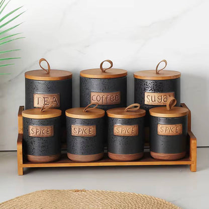7pcs porcelain Canisters set with bamboo rack