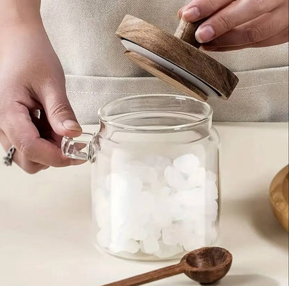 Mulit-purpose Modern Glass Sealed storage Jars with Acacia wood lid and Spoons