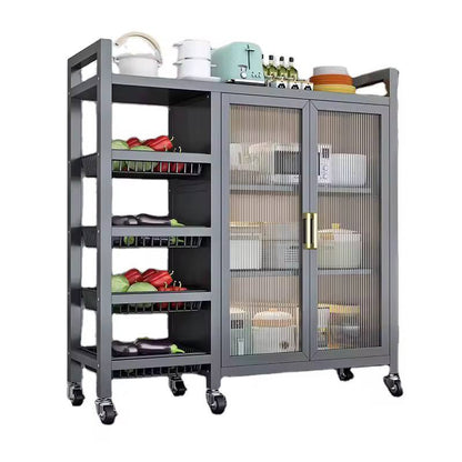 Multi-functional kitchen storage rack with visible doors and metal handles
