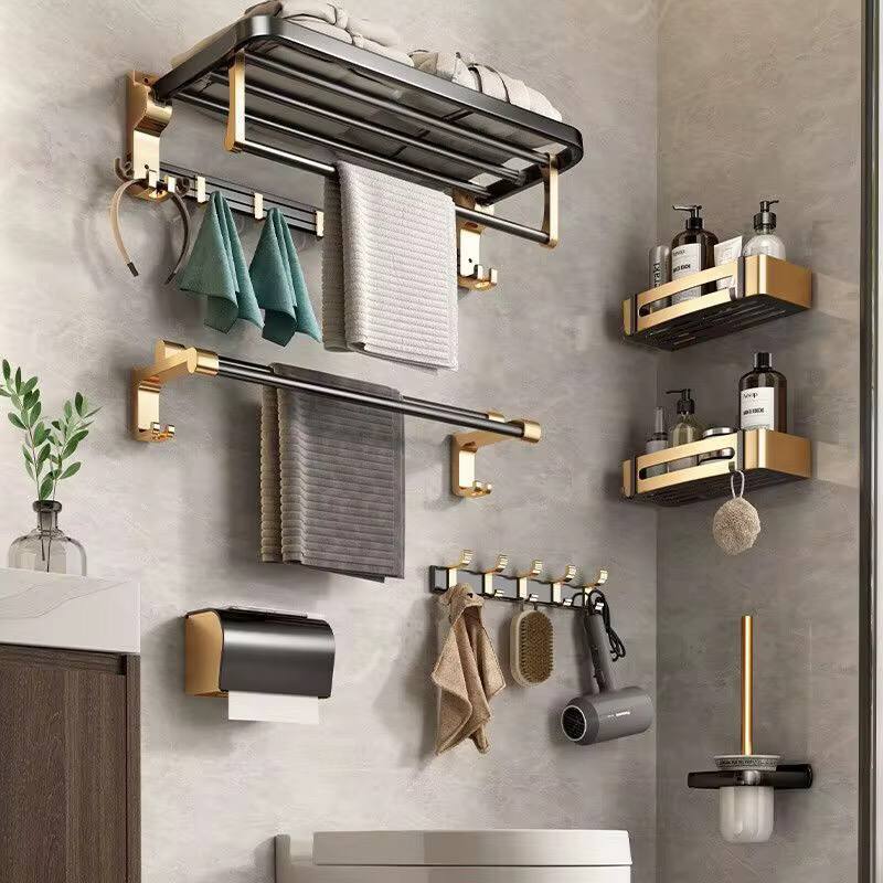 7pcs Gold Multifunctional Aluminum Bath Towel Storage Rack
