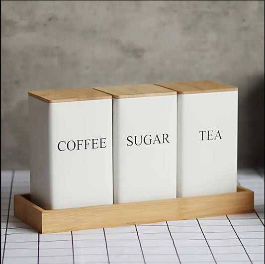 Metal Coffee Jar Set Bamboo Lid Easy To Clean Compact Structure Tea Sugar And Coffee Containers Set