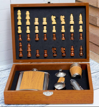 Wine flaskWood Board gift set with chess & Chess play set in