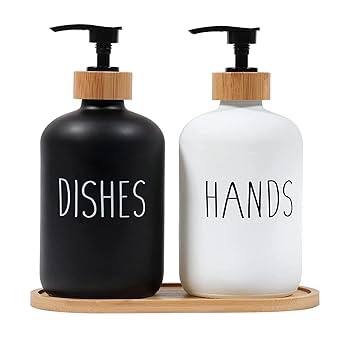 3in1 HANDS - DISHES, SOAP - LOTION branded  and unbranded Refillable ceramic s bottle with bamboo base