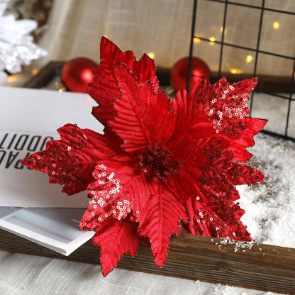Christmas Ornament Simulation Christmas Flower Fabric Flower Arrangement Ornament Flannel Sequined Christmas Flower