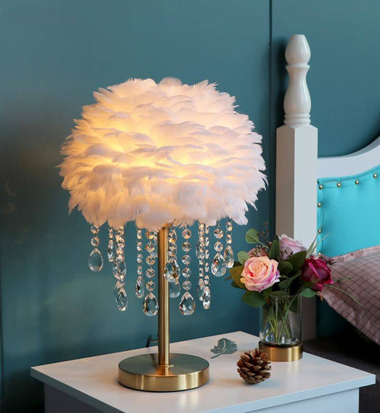 Nordic Feather Crystal Table Lamp Bedroom Ins Girl Warm BNordic bedroom featheredside Lamp Creative Luxury Romantic Feather Lamp