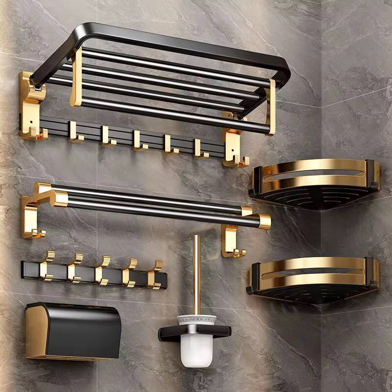 7pcs Gold Multifunctional Aluminum Bath Towel Storage Rack