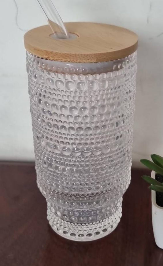 Thick glass 320ml or 11Oz crystal smoothie glass bamboo lid n glass straw