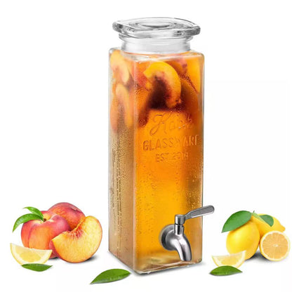 Tall Square Mason Jar Glass  Beverage Dispenser, New Fun Party Home Entertainment Glassware Water Pitcher for, Juice, Beer, Punch, Iced Tea & Cold Drinks