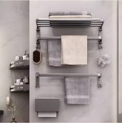 7pcs Black Multifunctional Aluminum Bath Towel Storage Rack Set Bathroom Storage Rack