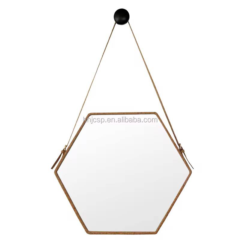 Hanging Wall Mirror Geometric Hexagon Wall Decor Mirror with PU Leather Chain