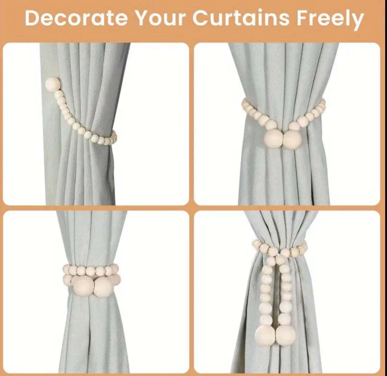 2pcs Magnetic wooden beads curtain tiebacks boho decor accessories