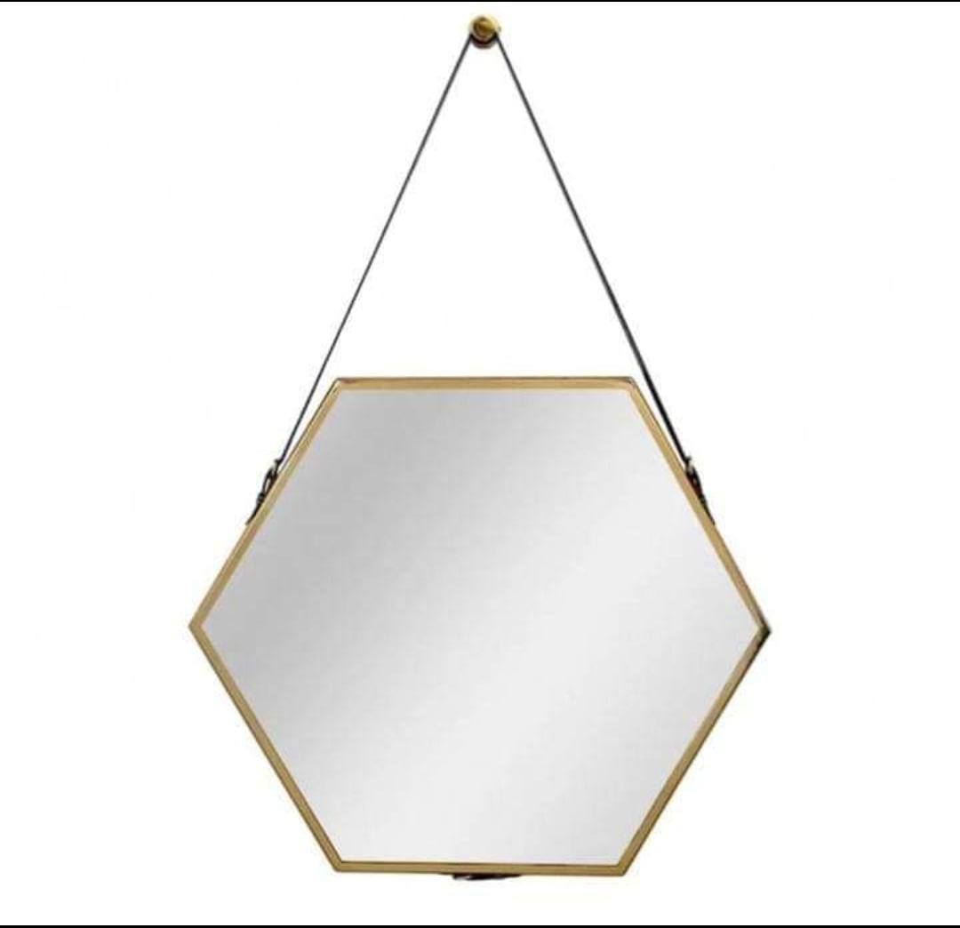 Hanging Wall Mirror Geometric Hexagon Wall Decor Mirror with PU Leather Chain