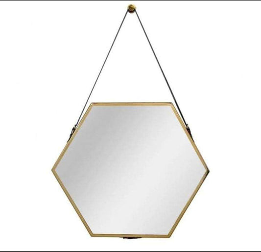 Hanging Wall Mirror Geometric Hexagon Wall Decor Mirror with PU Leather Chain