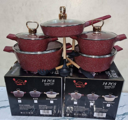 shining golden caps Uoiiy 14pc granite cookware set