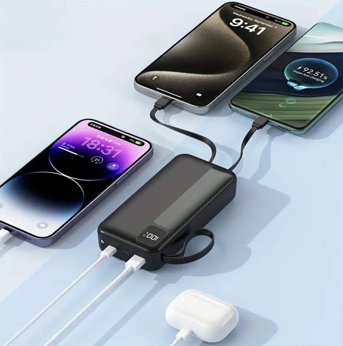 Power bank with 4 cables inbuilt 
Black only
