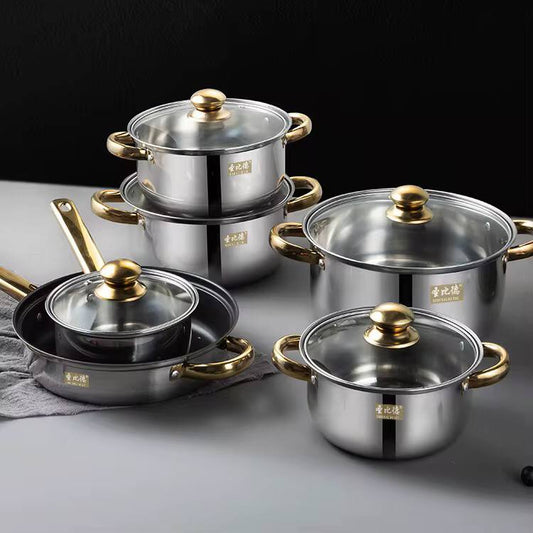 12-Piece Stainless Steel Cookware Set
Golden Handle Kitchen Pots & Pans .