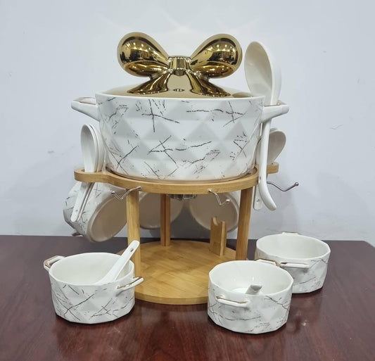 JC7572 set of 6 ceramic marble-like soup bowls 1 soup touren on bamboo base + burner