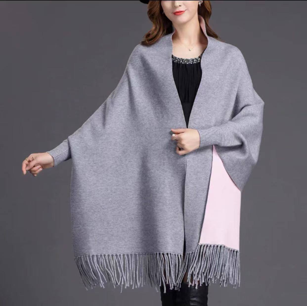 Plain double sided long sleeve ponchos shawls with tassels