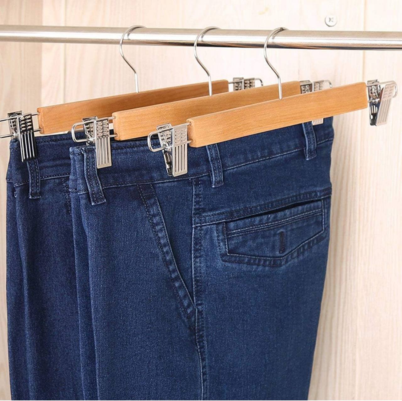 5pcs High Grade Natural Wooden Hangers Skirt Pants Hangers with Clips and 360° Swivel Hook