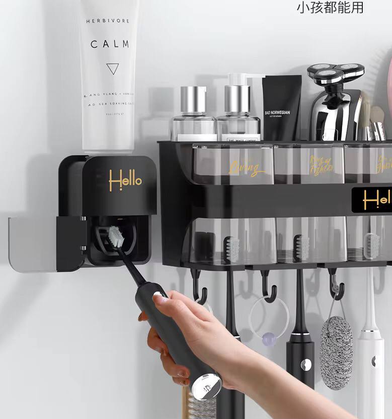 Hello family branded wall mounted toothbrush toothpaste dispenser set