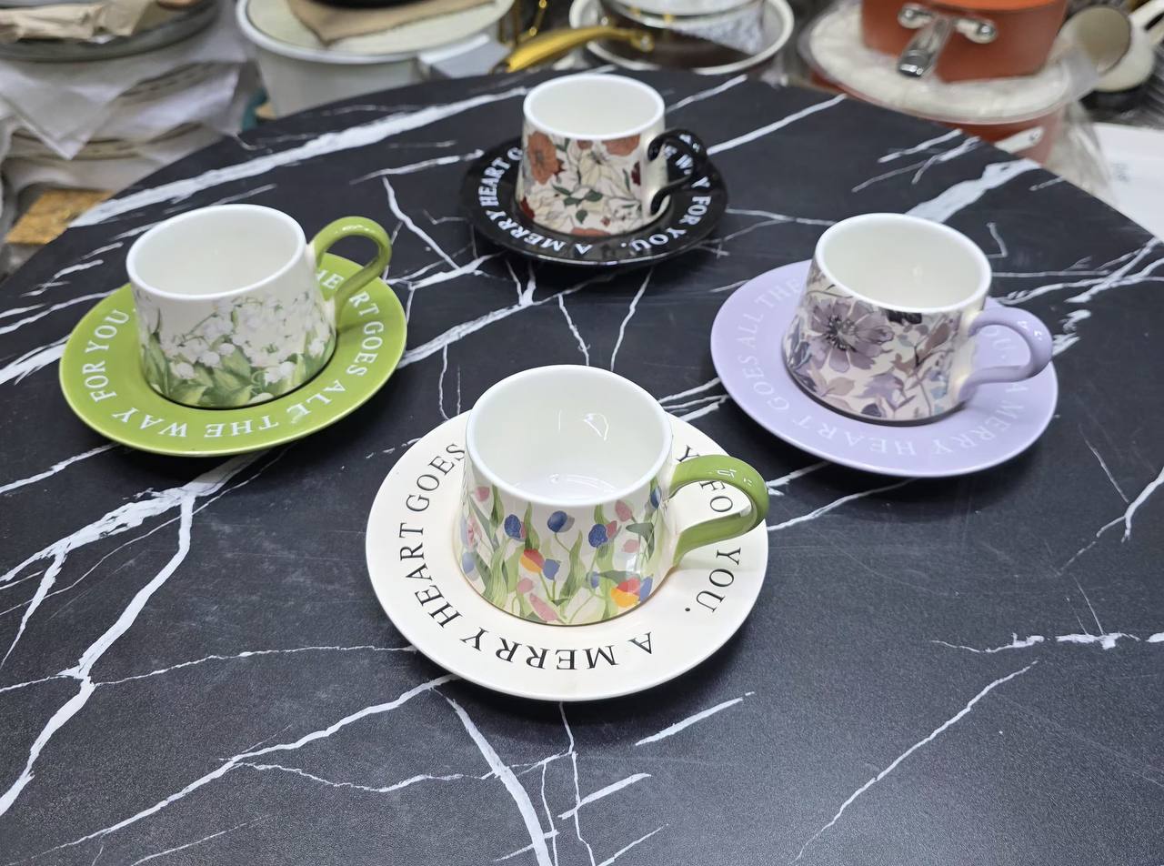 Elegant Retro Hand-printed peony Flower Coffee Cups & Saucers