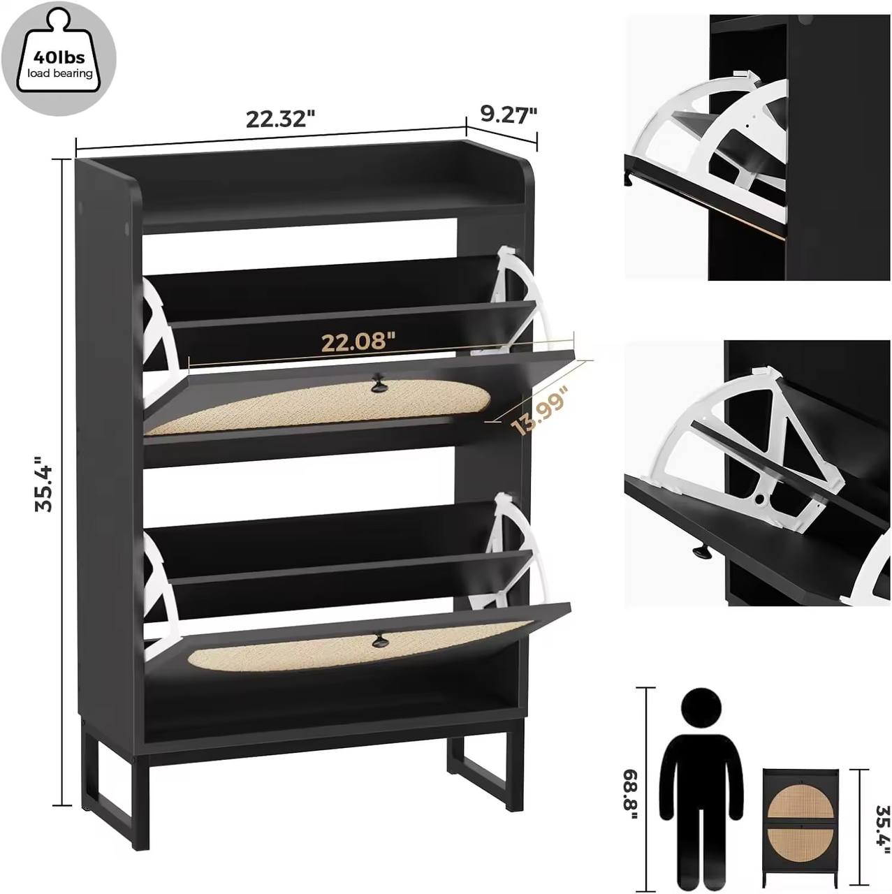 Premium Quality Rattan Wooden Black  Bucket Flip Shoe Cabinet