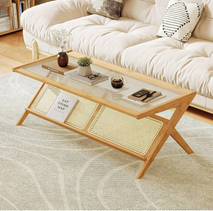 Modern Rattan Coffee Table with Storage Shelf