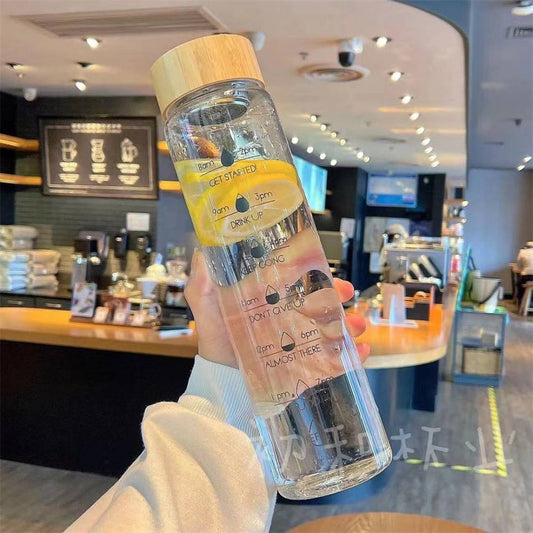 MOTIVATIONAL TIME MARKER BOROSILICATE BOTTLE WITH BAMBOO LID AND FILTER