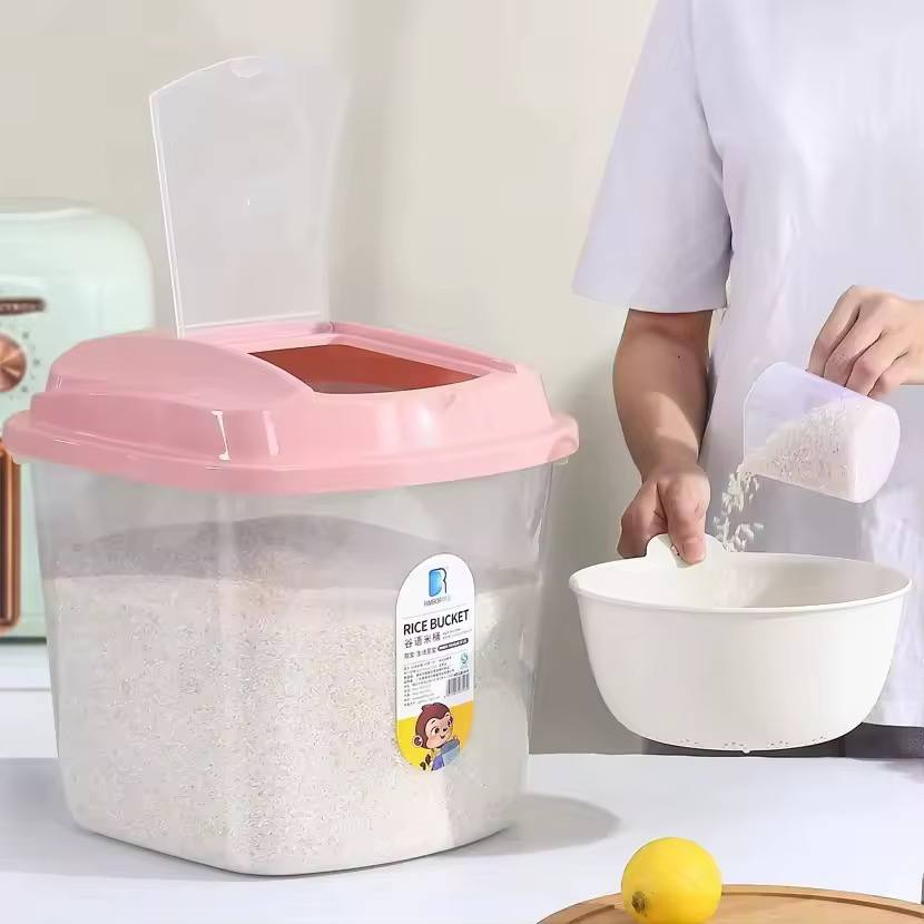 Plastic Cereal / Rice buckets now available in blue and peach cover options; 2 bucket options (white or clear); 2 size options