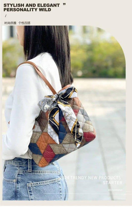 Multicolored diamond grid printed handbag