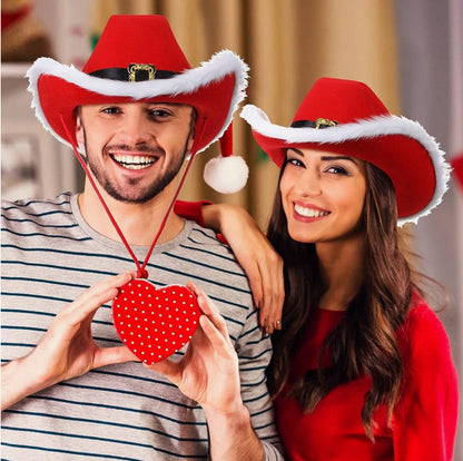 Christmas Red Cowboy Hat  Women Men Feather Black Belt Soft Hats Adjustable Comfortable Santa Cap