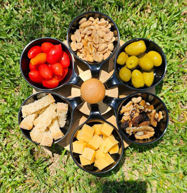 6 Ceramic Appetizer Serving Bowls with Bambo turning Tray.