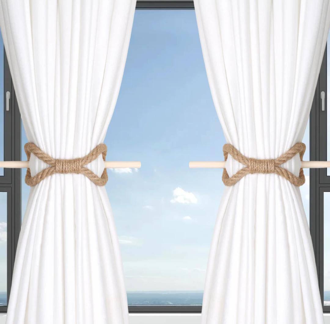 Curtain Tiebacks Rustic Holdbacks for Drapes, Farmhouse Tie Backs for Curtains, Cotton Jute Rope with Wood Club, Natural Boho Decor Shabby Chic Drapery Holder, Pack-2