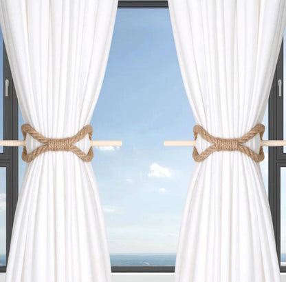 Curtain Tiebacks Rustic Holdbacks for Drapes, Farmhouse Tie Backs for Curtains, Cotton Jute Rope with Wood Club, Natural Boho Decor Shabby Chic Drapery Holder, Pack-2