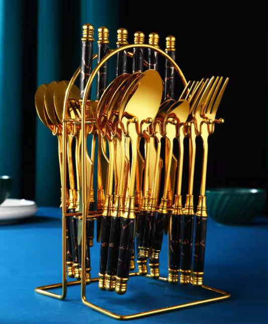 24pcs gold Marble Cutlery Set with stand